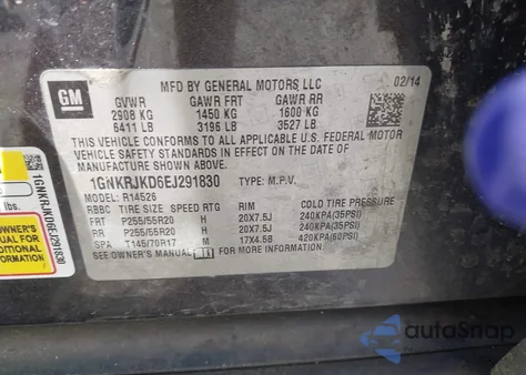 2014 Chevrolet Traverse Ltz z USA, uszkodzony, nr VIN 1GNKRJKD6EJ291830